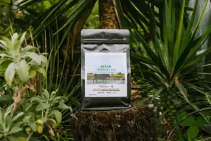 196d128452203a432d2f47cf254784e1 | コーヒーステーション Coffee bag on a tree stump in a tropical garden label reads Japan Tokunosima CWS with a cow image