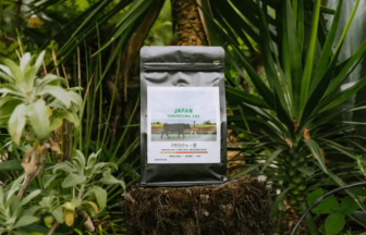 Black resealable coffee bag labeled JAPAN TOKUNOSIMA CWS placed on a tree stump among tropical plants outdoors showing the product