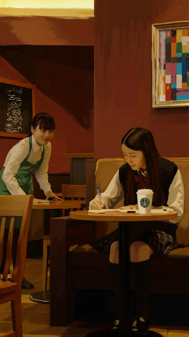 カフェで勉強する女子学生とウェイトレス