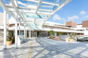 A bright outdoor mall entrance with a glass overhead canopy white columns and tiled walkway lined with planters and a shopping center facade in the distance