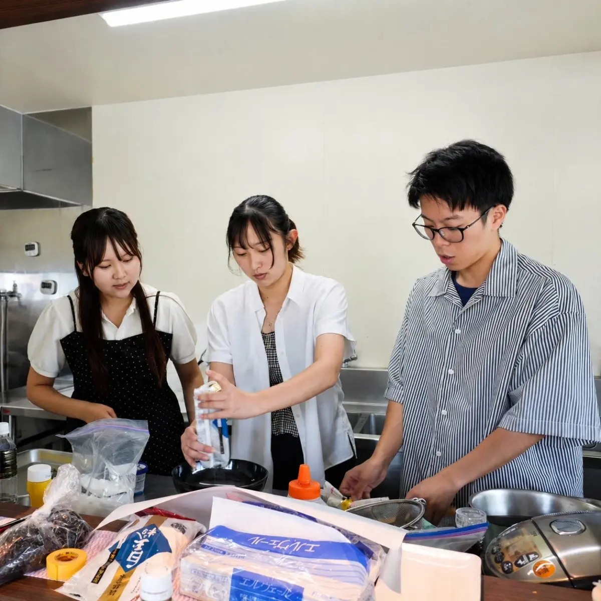 若者3人がキッチンで協力して料理をしている様子