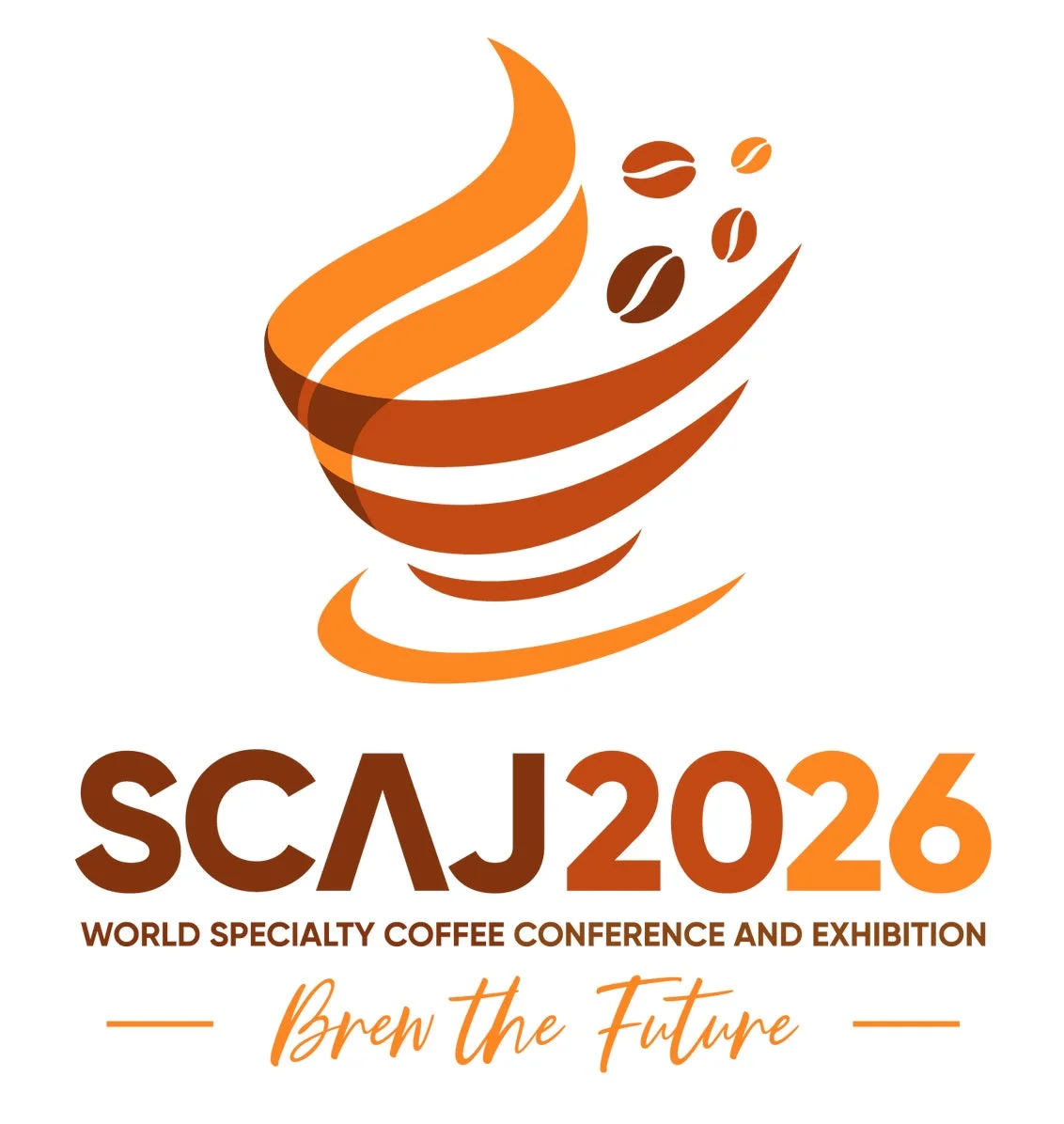 SCAJ2026のロゴ。コーヒーカップと豆を抽象的にデザインし、「Brew the Future」というスローガンが添えられています。