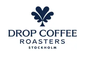 Drop Coffee Roasters Stockholm logo a navy leaf like emblem above the wordmark DROP COFFEE ROASTERS STOCKHOLM in dark blue text