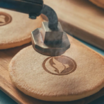 Close up of a metal stamp pressing into a round wooden disc with a circular flame logo being imprinted