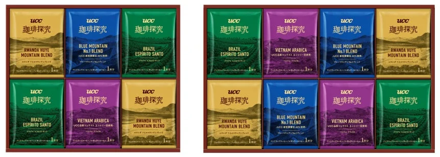 UCC珈琲探究シリーズのドリップコーヒーが複数種類詰め合わせられたギフトセットが2箱写っています
