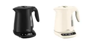 Black electric kettle with a matching base and digital temperature display reading 40°C shown next to its white counterpart on the same base design
