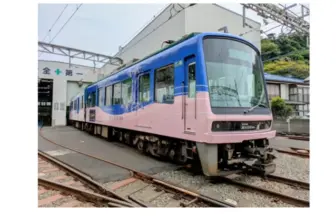 Front and side view of a blue and pink passenger train on tracks beside a station.