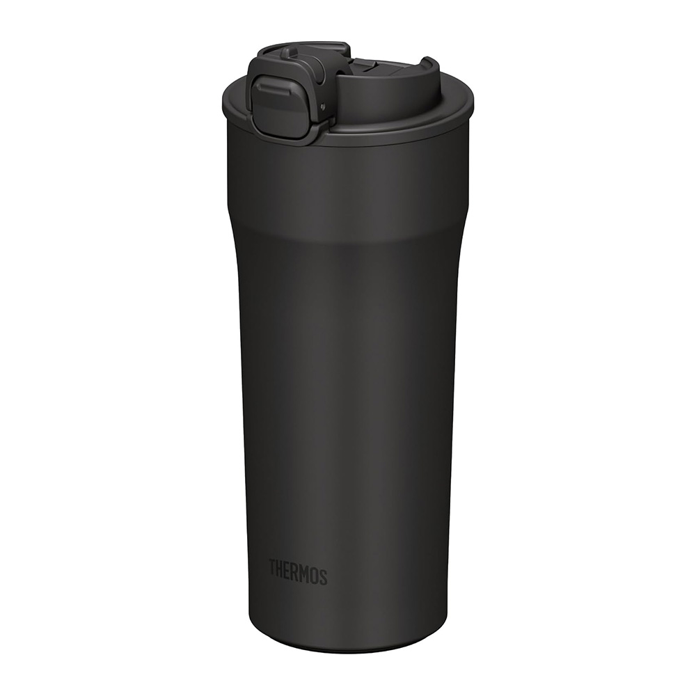 Black Thermos stainless steel bottle with twist on lid and spill proof cap branding visible near base