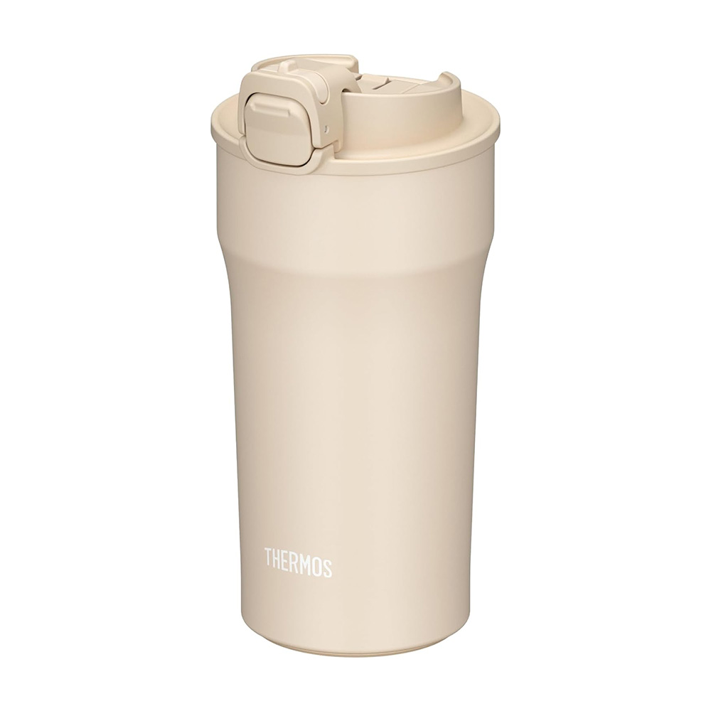 Beige Thermos travel mug with a flip top secure lid and the brand name THERMOS visible on the side