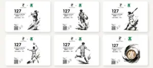 Card for 127 Ichifuna Blend ink drawing of a soccer player kicking the ball with sponsor logos and a QR code