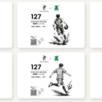 Six white product cards arranged in two rows each featuring 127 ICHIFUNA BLEND with black ink soccer sketches a QR code and green logos