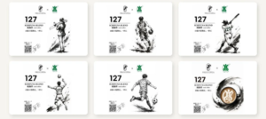 Six white product cards arranged in two rows each featuring 127 ICHIFUNA BLEND with black ink soccer sketches a QR code and green logos
