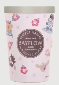 646513b675b7f770a34574262d125ac1 | コーヒーステーション Pink tumbler with cartoon characters and flowers center circular BAYFLOW logo reads Respect Nature and Since 2014