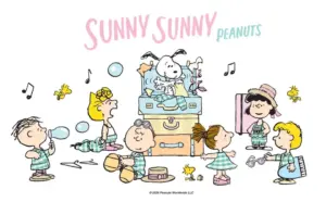Sunny Sunny Peanuts illustration Peanuts kids in turquoise outfits gather around Snoopy on a luggage trunk blowing bubbles and playing together