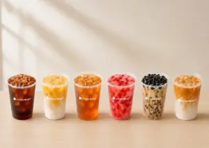 Six clear plastic cups of iced drinks on a wooden table each labeled FOOD BOAT from left to right cola orange milk tea iced tea pink fruit drink bubble tea with black pearls and a milky iced coffee