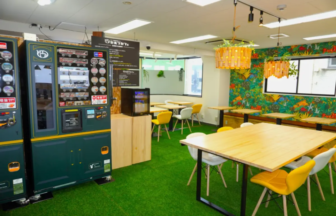 Bright break room with vending machines on the left, wooden tables, and yellow/white chairs on a green artificial turf floor under tropical wall art.