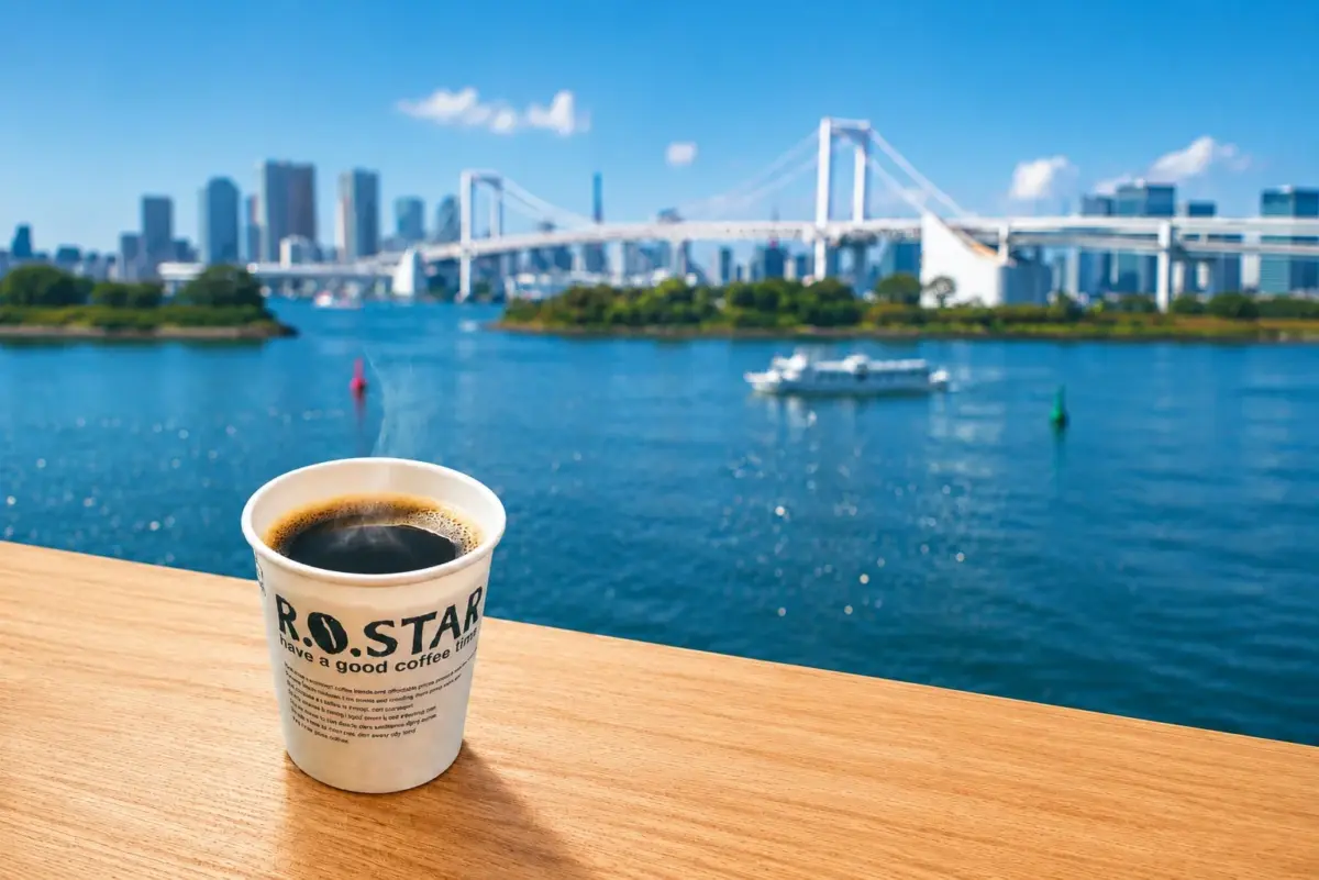 晴れた日の屋外テラスで、湯気の立つコーヒーカップが木のテーブルに置かれ、奥にはレインボーブリッジが見える景色