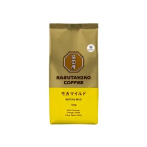 Gold and yellow bag labeled Sarutahiko Coffee Mocha Mild 150g flavor notes milk caramel orange floral clear sweet finish