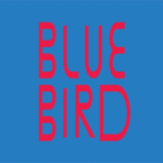 Blue Bird logo red letters BLUE BIRD stacked vertically on a blue background