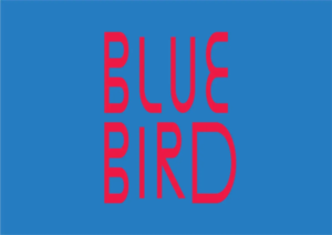 Blue Bird logo red letters BLUE BIRD stacked vertically on a blue background