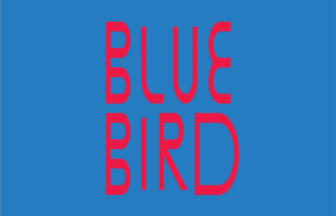 Blue Bird logo red letters BLUE BIRD stacked vertically on a blue background
