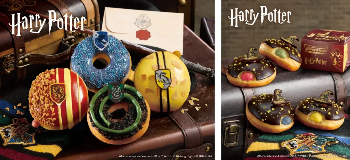 ハリーポッター、ドーナツ、スイーツ、クリスピークリーム、ホグワーツ、グリフィンドール、レイブンクロー、ハッフルパフ、スリザリン、コラボレーション、ファンタジー、お菓子、魔法、組み分け帽子
