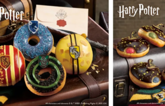 Harry Potter–themed donuts with house crests displayed on a leather trunk (left) and chocolate-covered donuts with Hogwarts packaging (right).