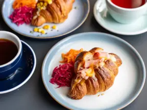 95e180a3ce70f93c52bb9b9c5f174000 | コーヒーステーション Croissant with ham and melted cheese on a pale blue plate with red cabbage and carrot slaw a cup of tea nearby