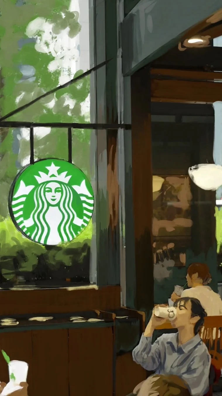 スターバックスのようなカフェ店内を描いたイラスト