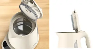 Two angle shot of a white cordless electric kettle with the lid raised showing its stainless steel interior