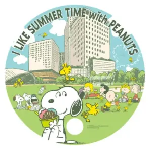 Circle illustration featuring Snoopy eating ice cream with Woodstock and Peanuts characters in a sunny park buildings in the background text reads I Like Summer Time with Peanuts