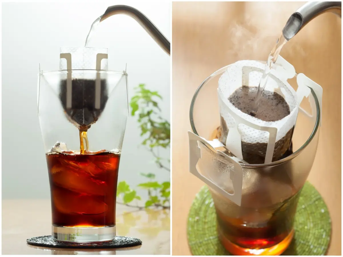 ドリップバッグでコーヒーを淹れる2つのシーン。左は氷の入ったグラスに注がれるアイスコーヒー、右は湯気が立つホットコーヒーの準備風景です。