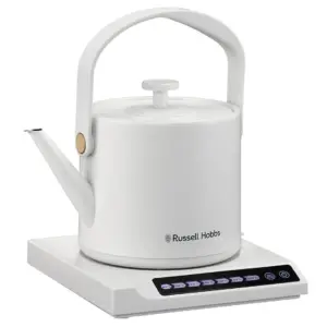 White electric kettle on a white base with a digital temperature control panel on the front
