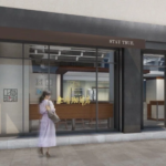 Modern coffee shop with glass storefront sign STAY TRUE and customers waiting outside