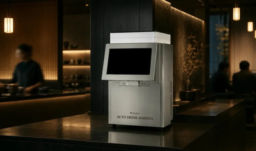 Automated drink dispenser labeled Auto Drink Barista on a polished bar counter in a dimly lit lounge