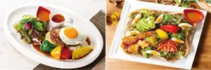 Two colorful plated dishes left plate with fried egg over rice peppers and greens with sauce right plate with a veggie topped flatbread featuring avocado tomato greens and boiled eggs