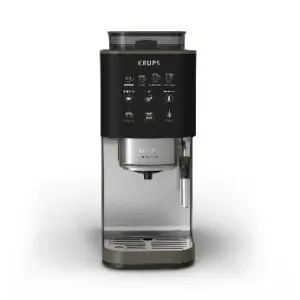 d777746af5d781b7b4e4df8a2fb8cf62 | コーヒーステーション Krups automatic espresso machine in black with silver accents front view showing the portafilter and steam wand