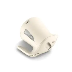 Cream colored ergonomic handheld device with a curved body and built in handle shown at an angle on a white background