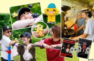 Collage of friends outdoors playing tugofwar with yellow duck plush toys everyone smiles amid greenery