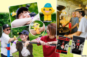 Group of people outdoors smiling and handling small yellow plush toys with a collage of plush figures and a maker workshop in the background