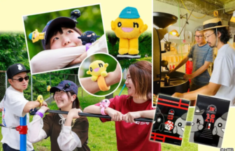 Group of people outdoors smiling and handling small yellow plush toys with a collage of plush figures and a maker workshop in the background