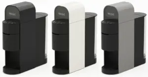 f287ee6bdd0e22fef56576e87b097e3b | コーヒーステーション Three Nescafé coffee machines in black white and gray color accents shown side by side highlighting color variants