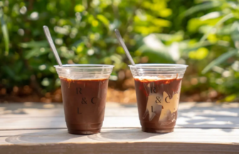 Two plastic cups of iced chocolate on a sunlit wooden table, outdoors, with spoons and a leafy garden in the background.