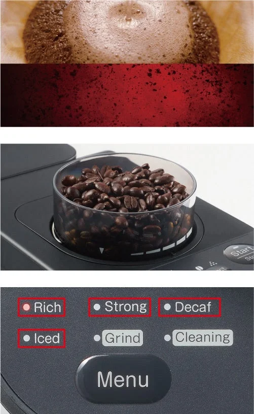 コーヒーメーカーでコーヒーを淹れる過程を示した画像。メニューボタンなど
