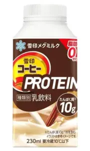 White bottle of Japanese coffee flavor protein milk drink with a brown label showing PROTEIN 230 ml and 10 g protein per serving