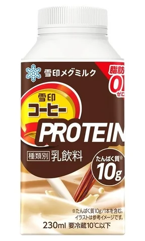 White bottle of Japanese coffee flavor protein milk drink with a brown label showing PROTEIN 230 ml and 10 g protein per serving
